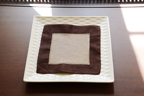 Multicolor Hemstitch Cocktail Napkin 6". Taupe & Chocolate - Click Image to Close